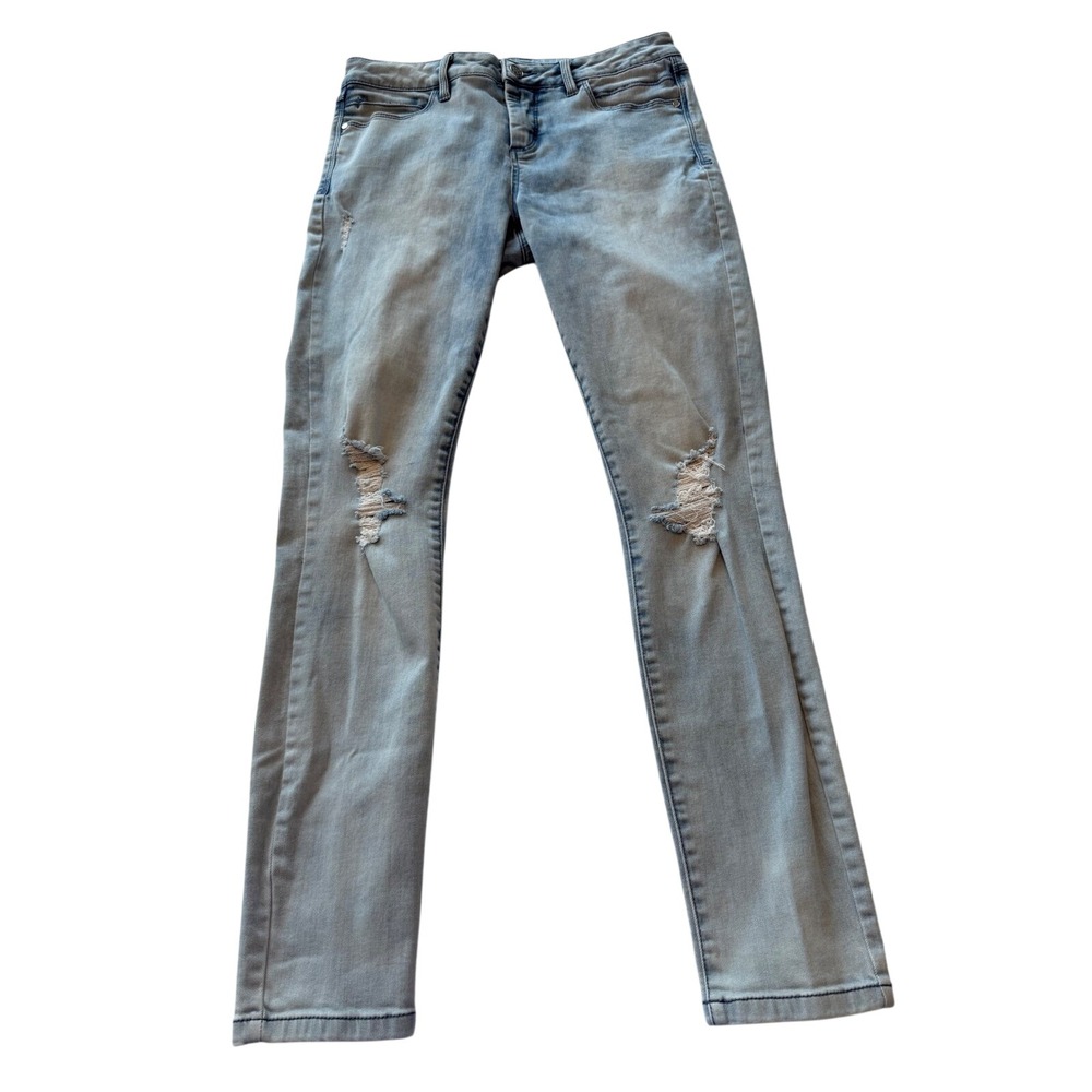 Bebe Skinny Jeans 29 Light Cloud Wash Distressed Ripped Knee Stretch Denim
